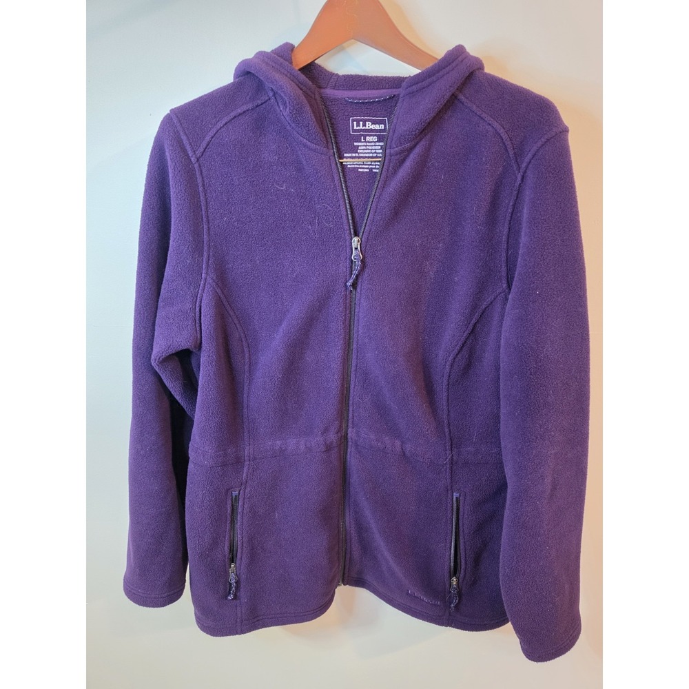 LL Bean Purple Fleece Jacket Full Zip Drawstring Waist Hooded Sz L